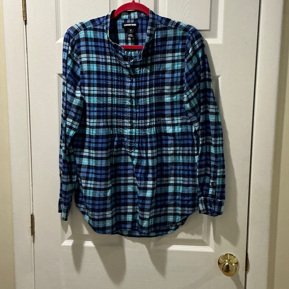 Lands' End Woman’s Casual Blue and Light Blue Plaid Shirt Size 12